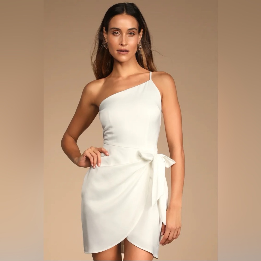 Lulus Meant to Be Together Satin One-Shoulder Dress in Ivory, Size S